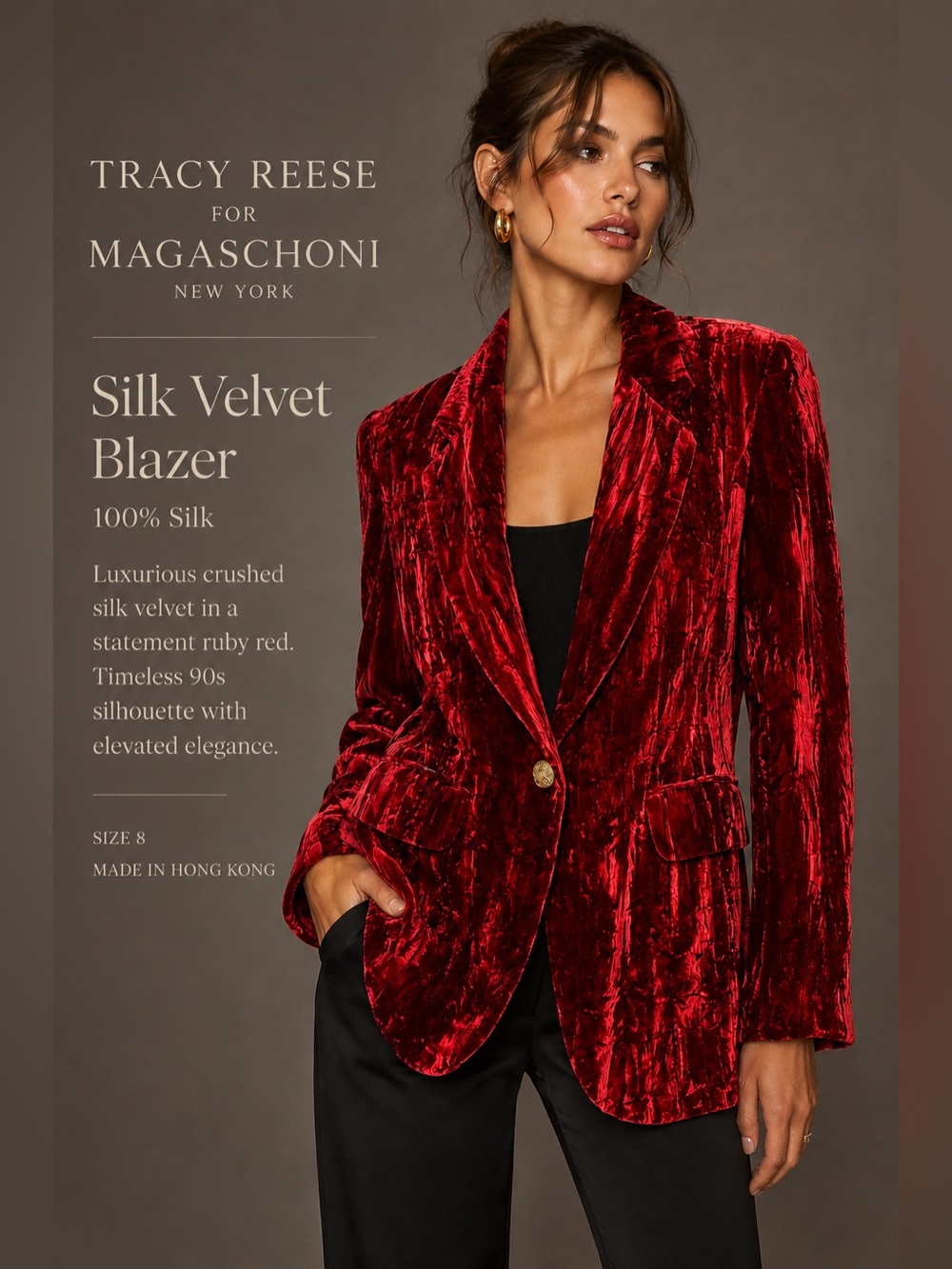 Tracy Reese For Magaschoni Red Crushed Velvet Silk Blazer Jacket Size 8 Vintage
